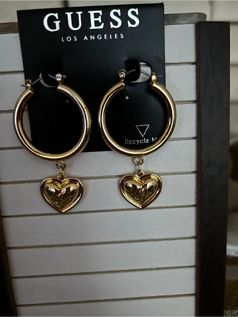 NWT GUESS Gold Heart Hoop Earrings with Heart Pendants
